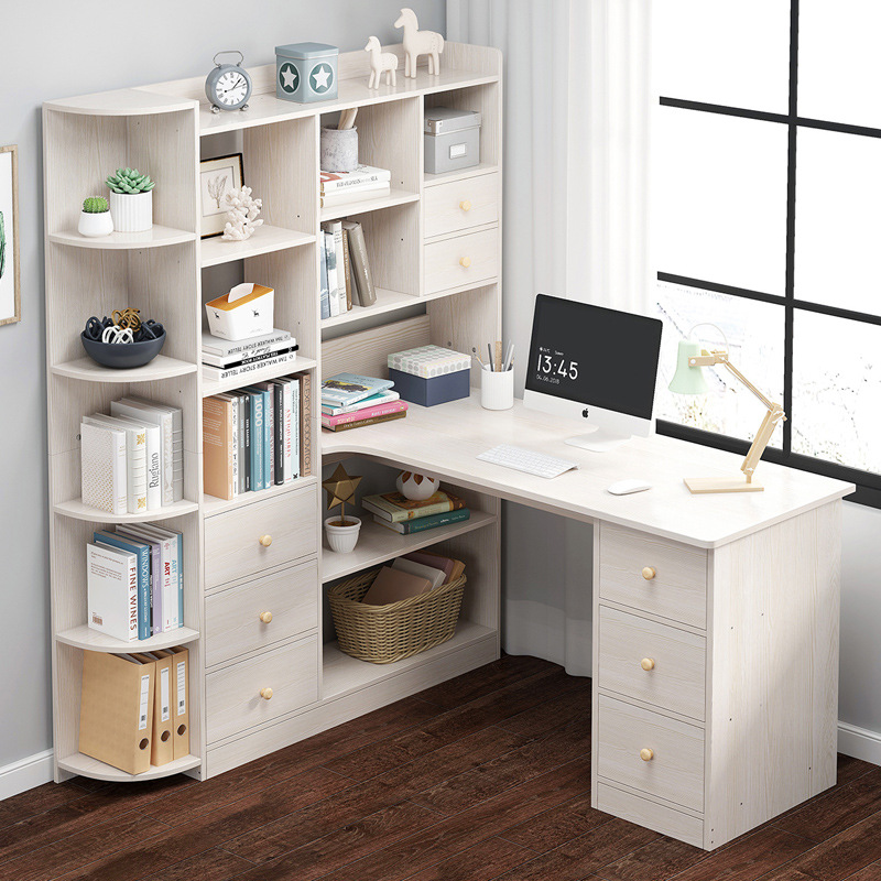 家用连体书桌一体桌带书架书柜实木质加长宽1.4米中小学生电脑桌