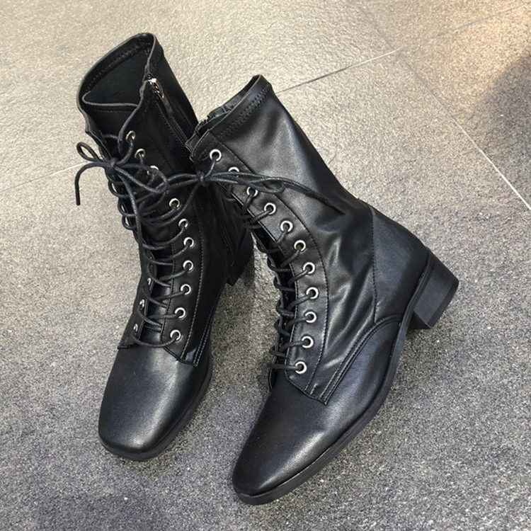 韩国东大门单靴冬季新款方头系带侧拉链橡胶短靴子朋克马丁靴潮