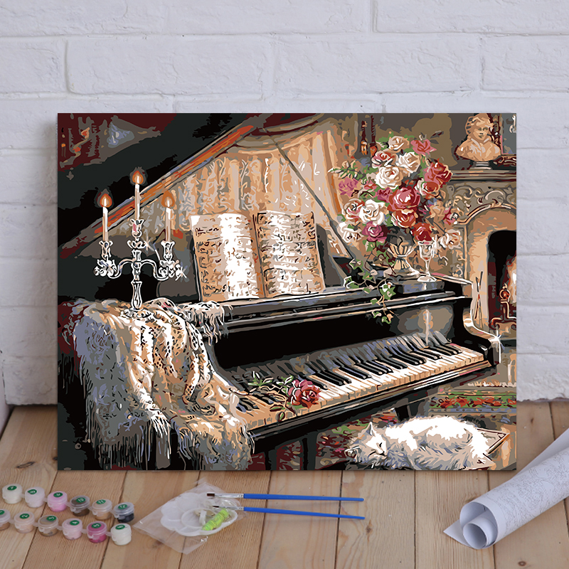 DIY数字油彩画动物花卉卡通静物客厅大幅数码手绘装饰画钢琴小猫