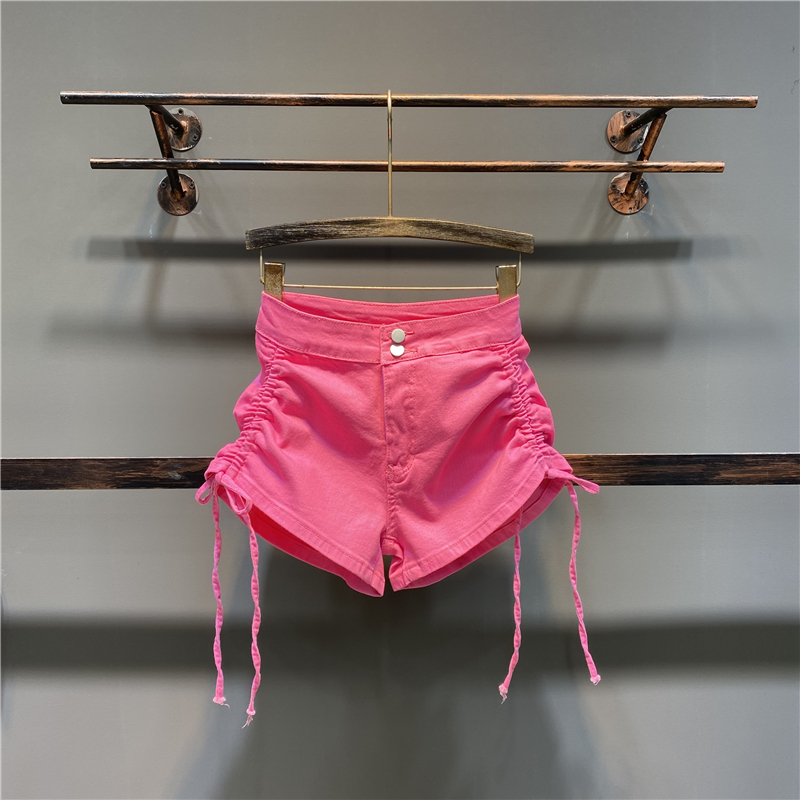 粉红色牛仔短裤女2022夏天新款韩版高腰两粒扣抽绳设计感A字热裤