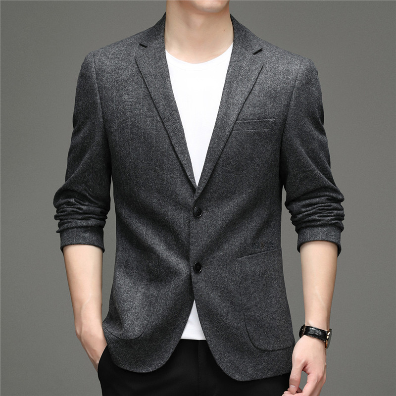 2022春季灰色西装外套男士羊毛商务休闲条纹韩版修身免烫西服上衣