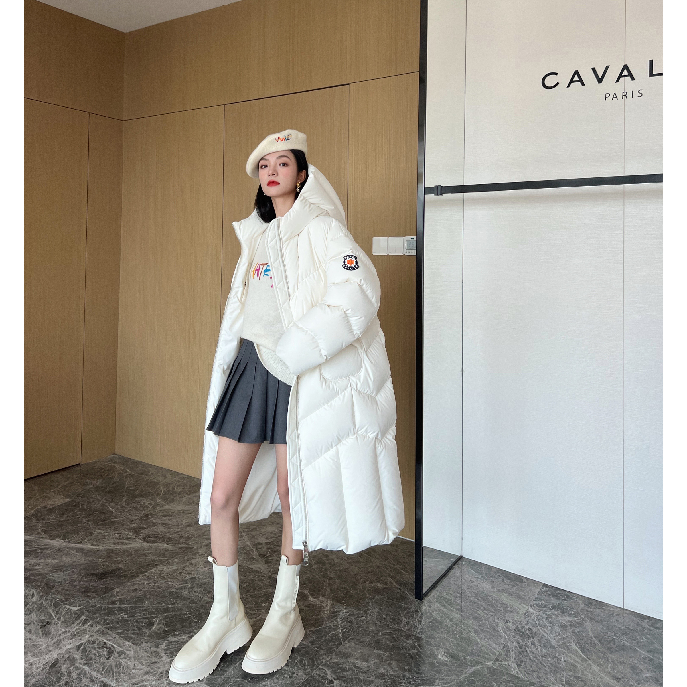 NancyCavally嵿奢御寒充绒520G+白鹅绒 不规则绗缝长款面包羽绒服