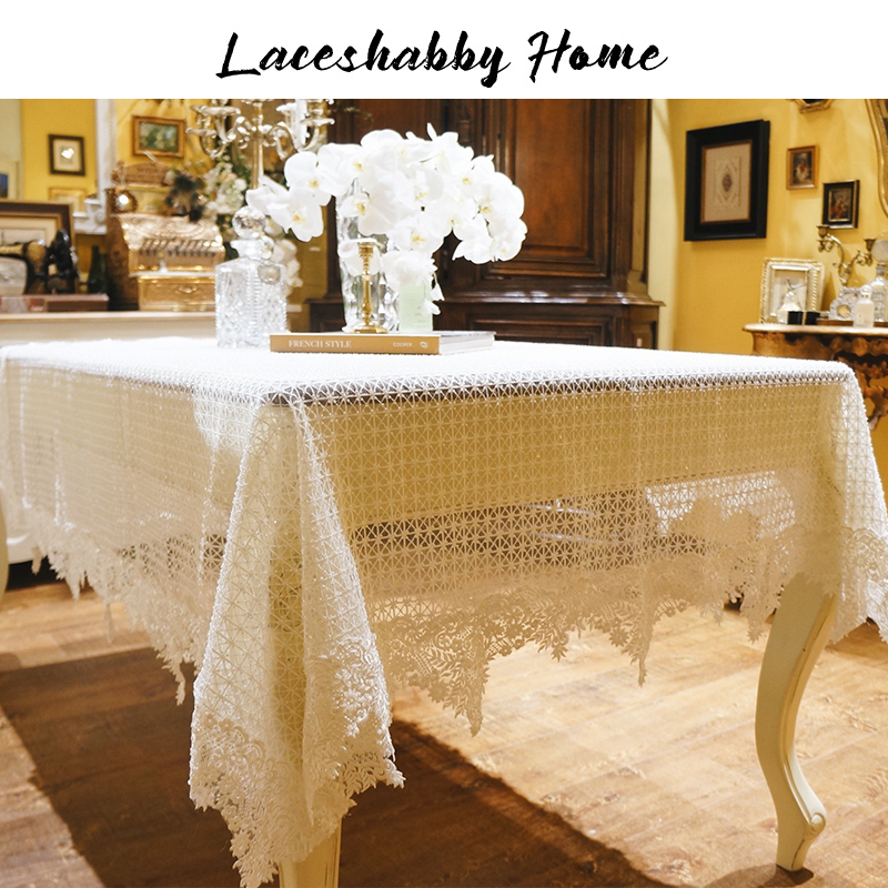 LACESHABBY新款欧式奢华水晶钉珠绣花蕾丝亮闪闪白色桌布桌旗盖巾
