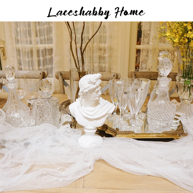 LACESHABBY新款定制法式轻奢珍珠蕾丝白纱小清新桌布桌旗桌纱盖巾