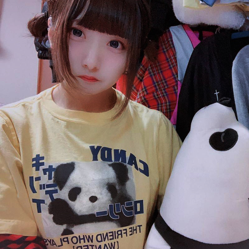 中二ins 复古日系甜美熊猫印花浅黄色短袖T恤衫纯棉