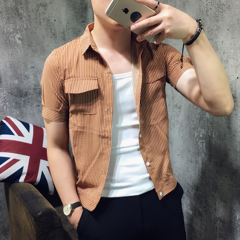 夏季男士短袖衬衣个性口袋修身衬衫男韩版青少年休闲百搭条纹上衣