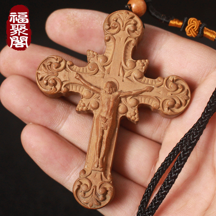 桃木雕刻十字架挂件耶稣基督教男项链实木吊坠女随身复古情侣饰品