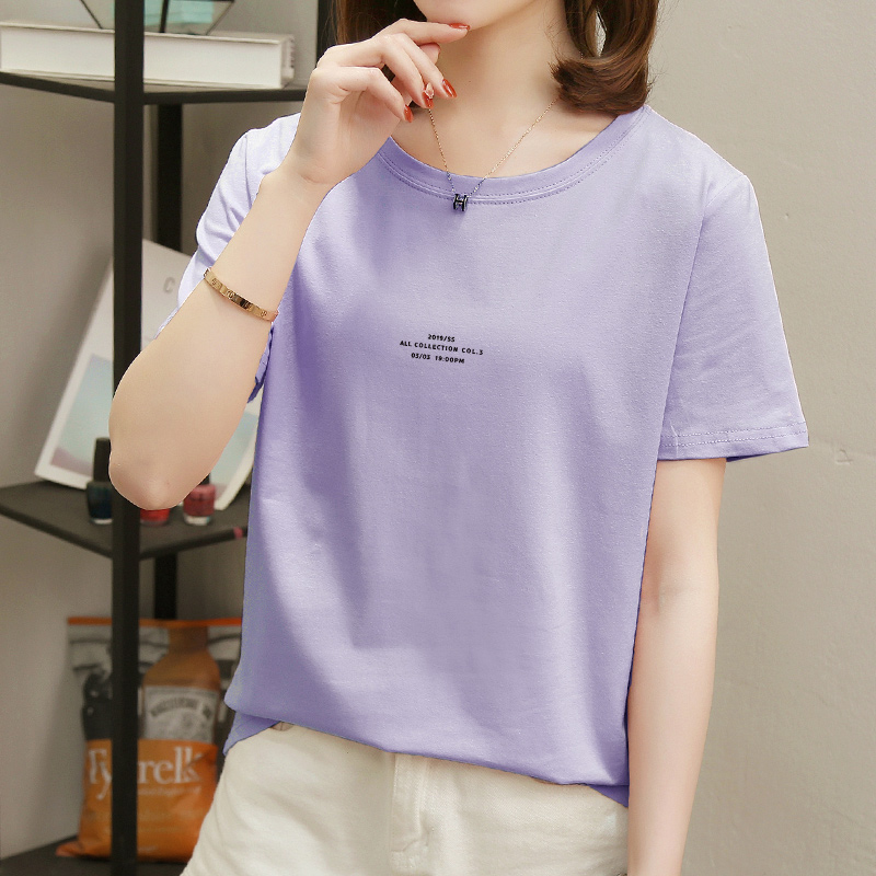 2022年夏季新款女上衣简约休闲印花紫色t恤女短袖宽松纯棉衣服潮