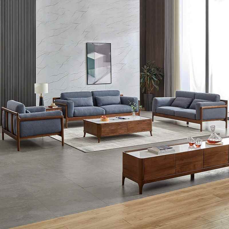 实木沙发意式极简布艺沙发北美黑胡桃木客厅整装1+2+3沙发组合