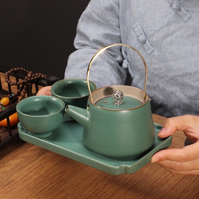 陶瓷干泡小茶盘墨绿色粗陶日式干泡茶台功夫茶具简约家用办公托盘