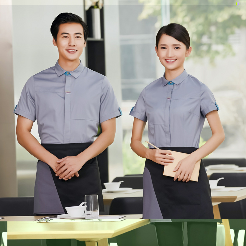 夏季短袖高档55法式西餐厅服务员工作服衬衫定制LOGO牛扒铁板烧肉