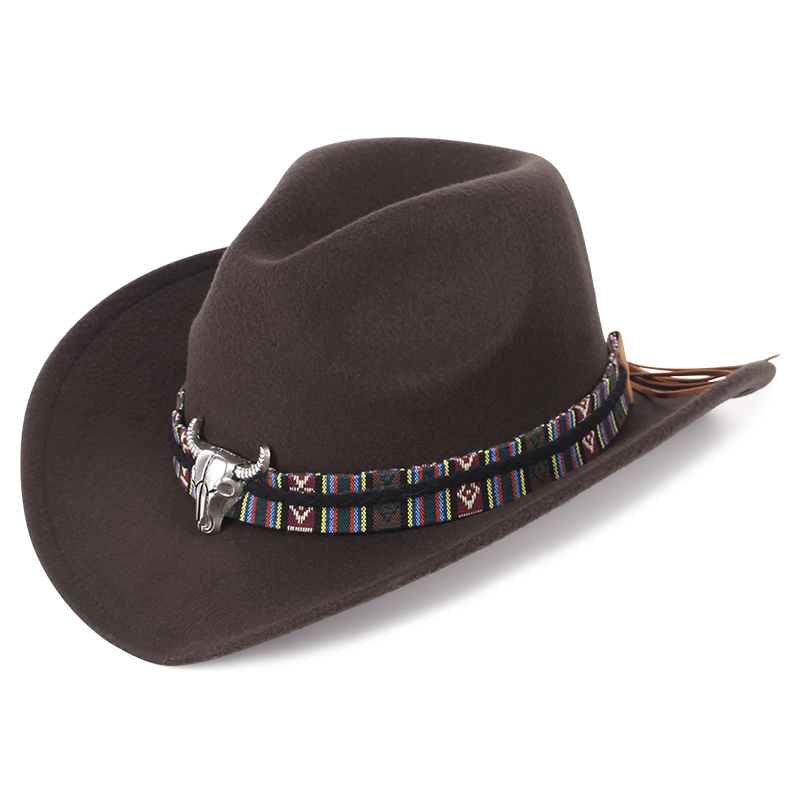 新款西部牛仔帽牛头装饰毛呢爵士帽秋冬季男女士民族风大檐毡帽子