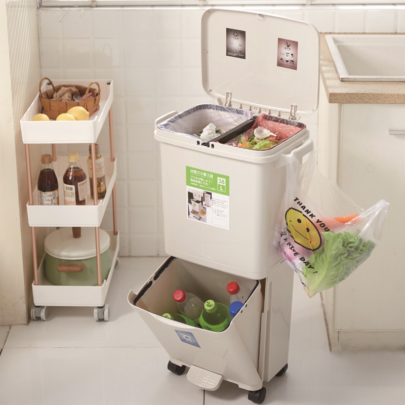 日式家用厨房大号容量垃圾桶双层带双盖分类垃圾筒干湿分离收纳箱