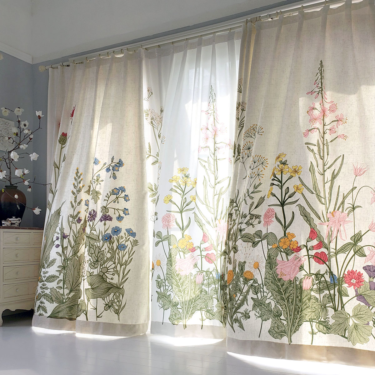 北欧植物手绘风亚麻加厚遮光客厅卧室高档成品可定制窗帘神秘花园