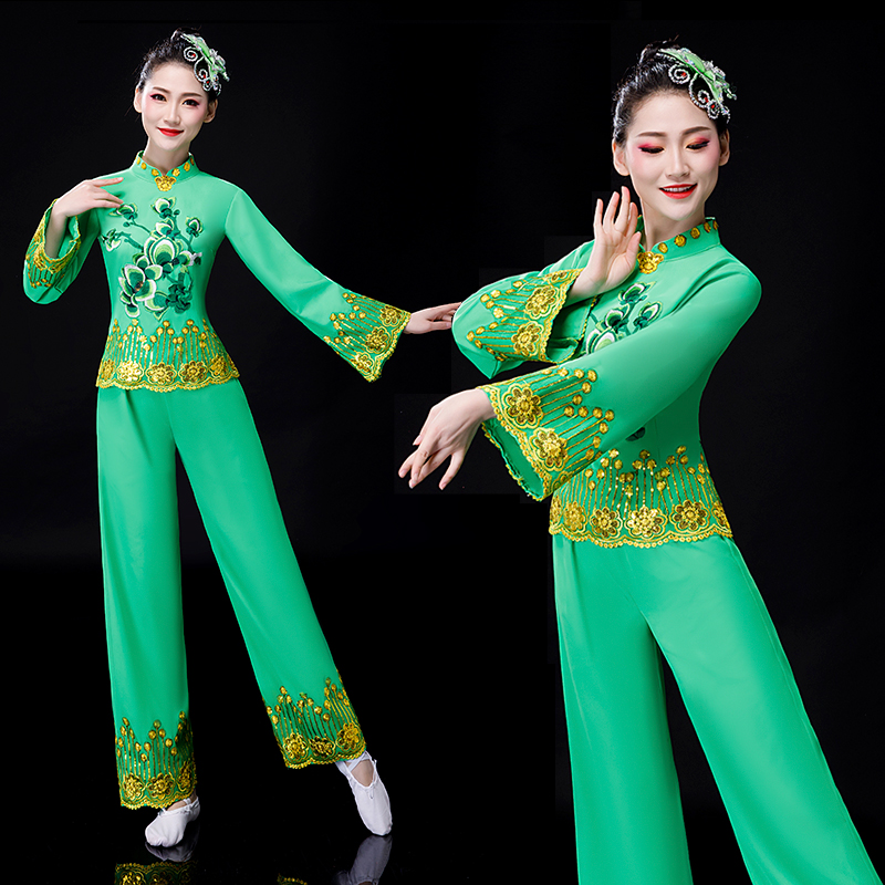 秧歌服演出服2021新款冬中老年绿色民族舞蹈服装成人女广场舞套装