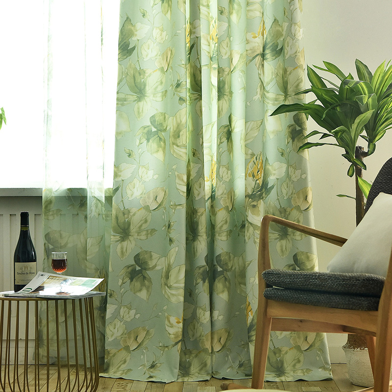 定制美式乡村绿叶遮光窗纱卧室客厅成品落地环保飘窗窗帘 菲尼克