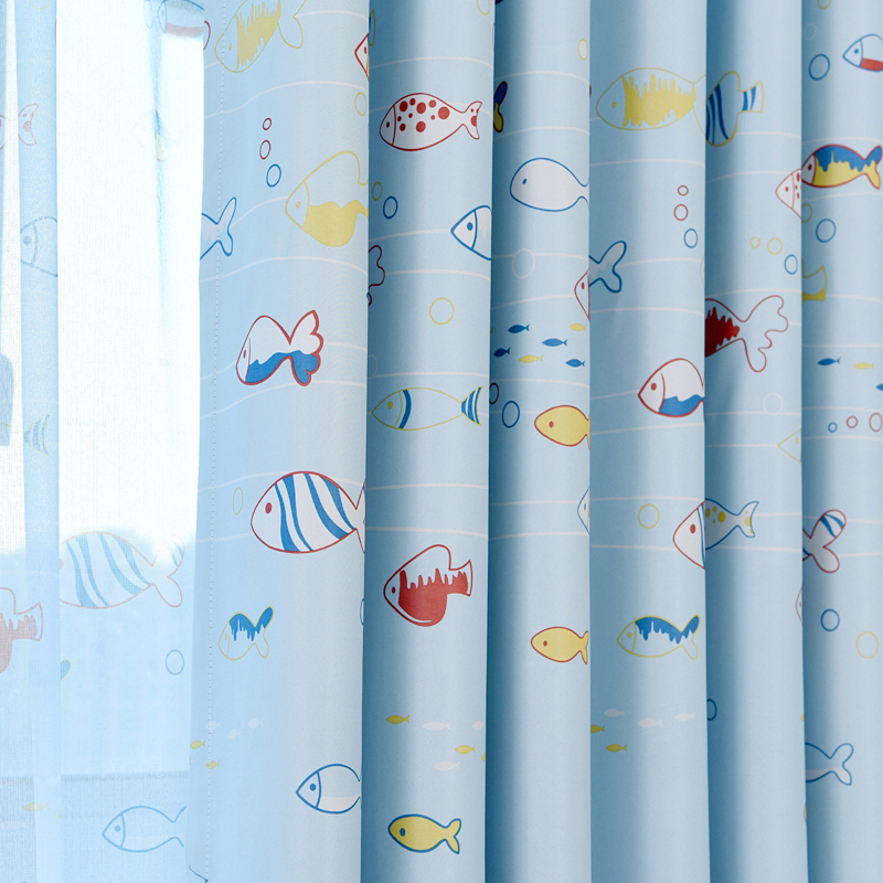 新款小鱼卡通儿童男孩房卧室幼儿园遮光窗帘布纱成品定制特价包邮