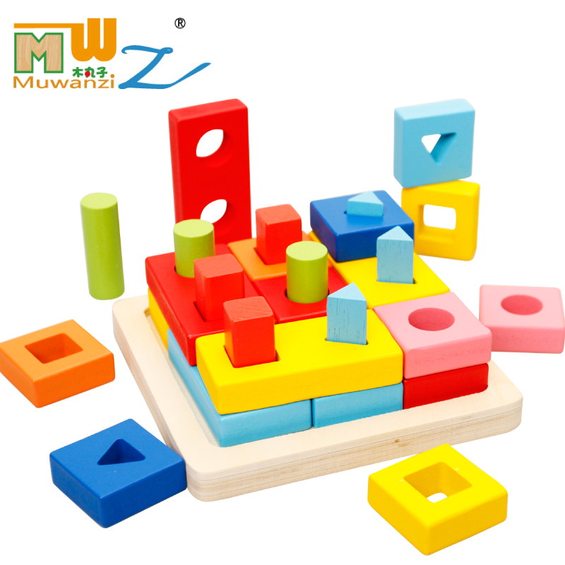 早教教具木制儿童益智玩具形状板套柱彩色几何形状配对套柱