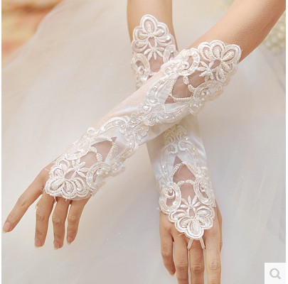 新娘手套白色结婚婚纱礼服长款短款蕾丝绣花钉珠露指婚礼手套多款