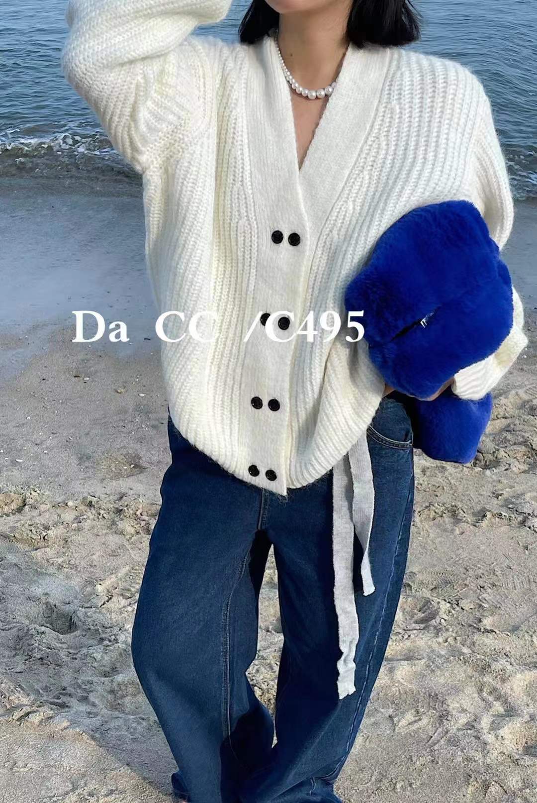 2021秋冬新款韩版时髦气质V领双排扣宽松慵懒风针织毛衣开衫外套