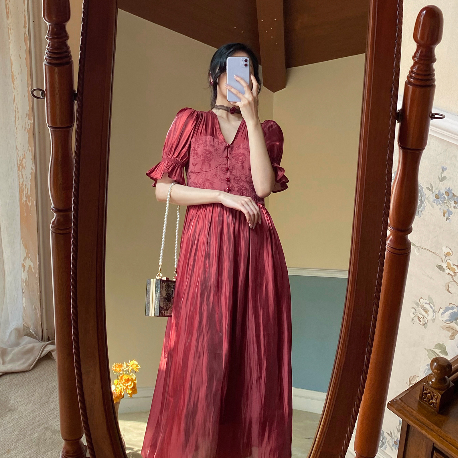 DearNana红色a字高腰连衣裙法式古着中袖五分袖长款vintage裙3498