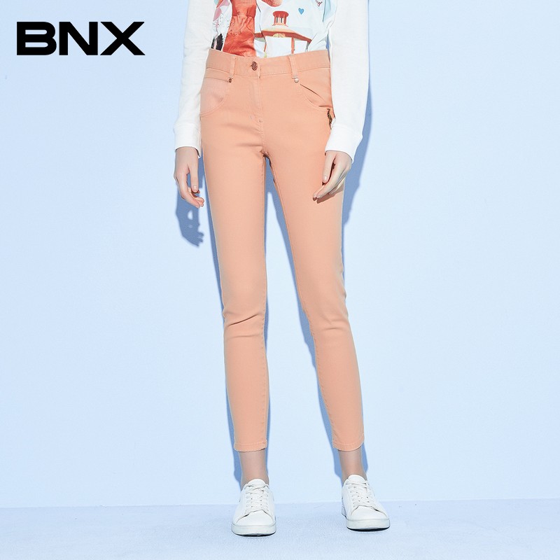 BNX春夏新品元气少女牛仔裤棉质橘色拉链口袋修身九分铅笔裤气质