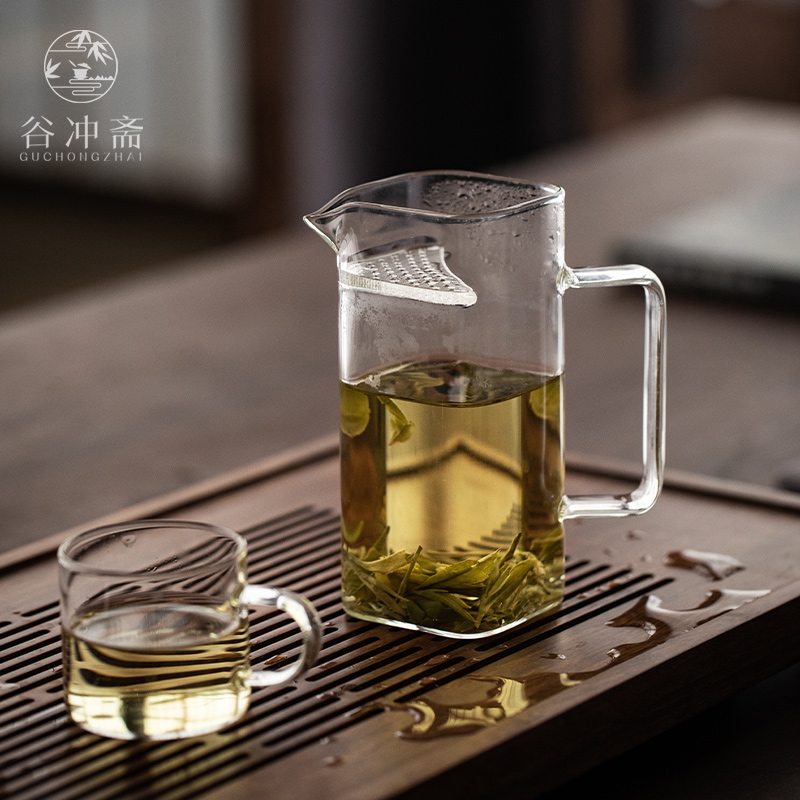 大容量玻璃带把绿茶杯带滤网泡茶杯月牙型花茶杯分茶器方形公道杯