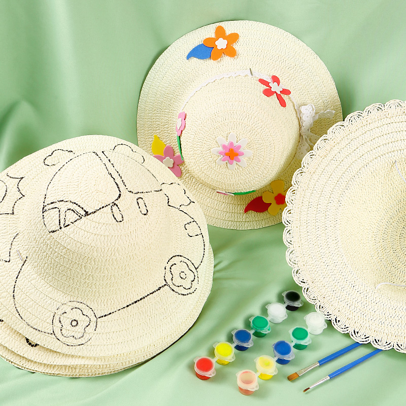 绘画草帽diy儿童涂鸦帽子幼儿园创意手工美术画画彩绘遮阳帽材料
