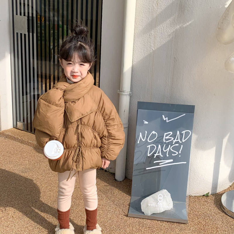 儿童羽绒服冬韩版女童围脖面包服宝宝加厚白鸭绒抽褶洋气短款外套