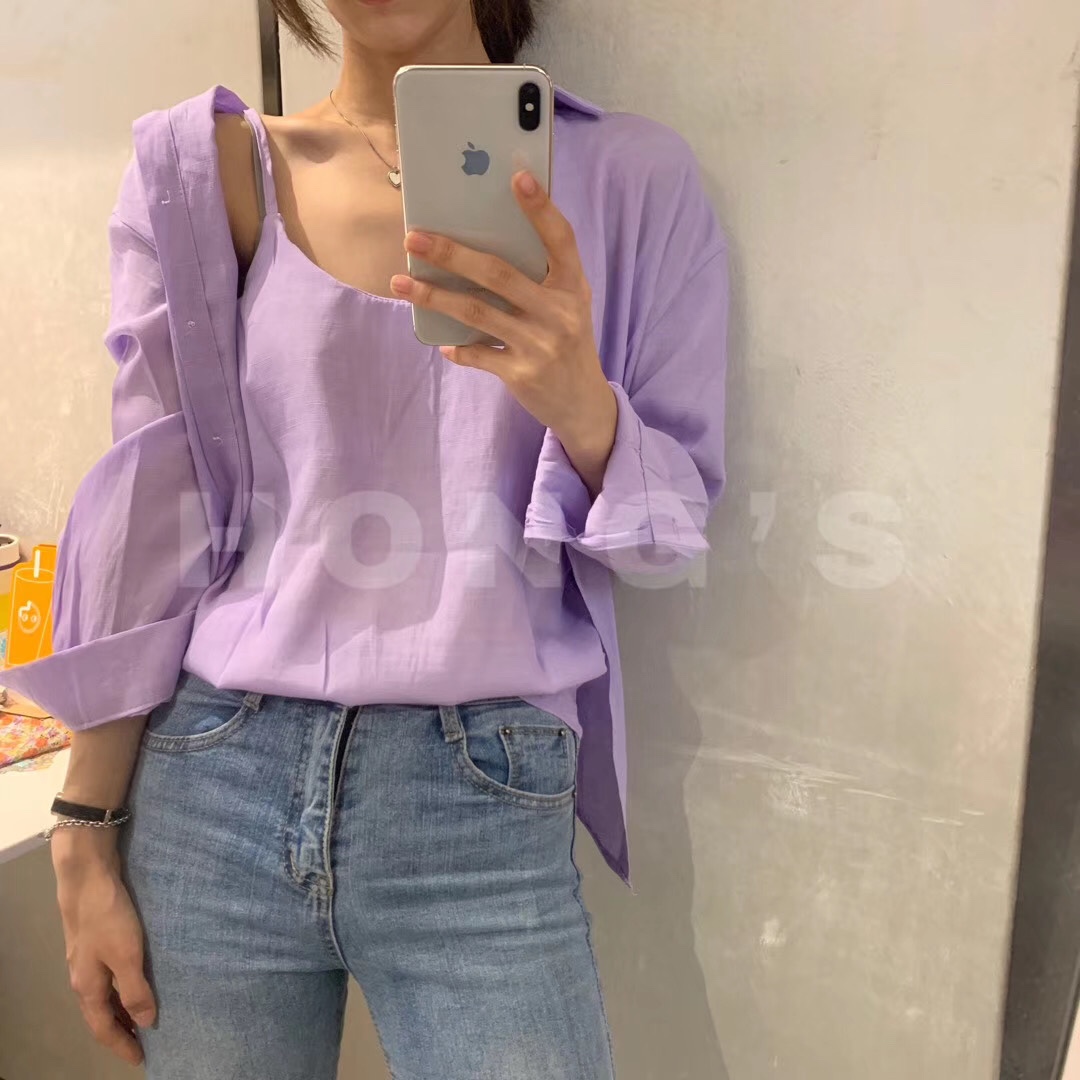 Hong‘s紫色套装女两件套2020春夏新款韩版吊带小背心开衫外套潮