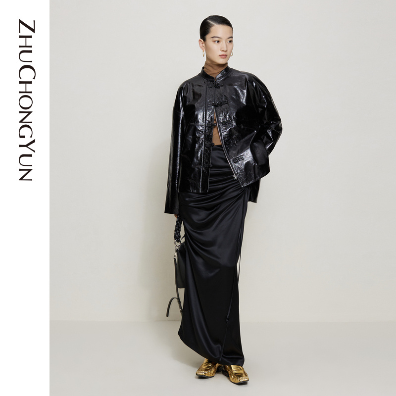 ZHUCHONGYUN2022秋新款牛皮直筒廓形外套百搭不对称黑设计感皮衣