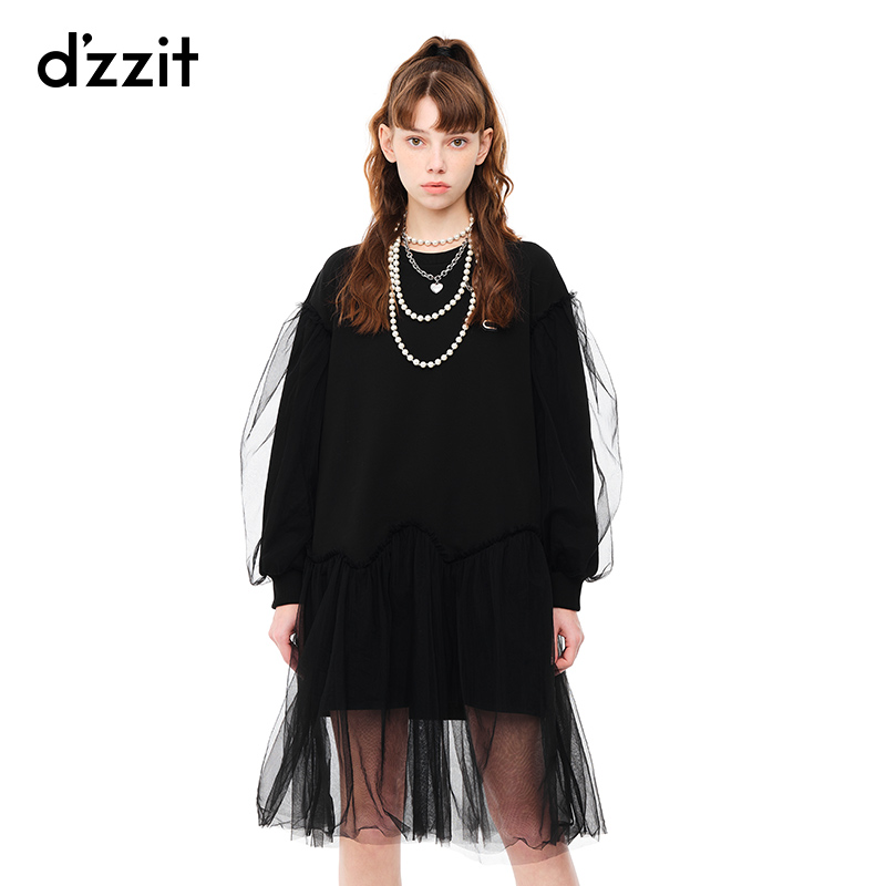 【尖货直降】dzzit地素 2022冬季新款甜酷小黑裙面料拼接连衣裙潮