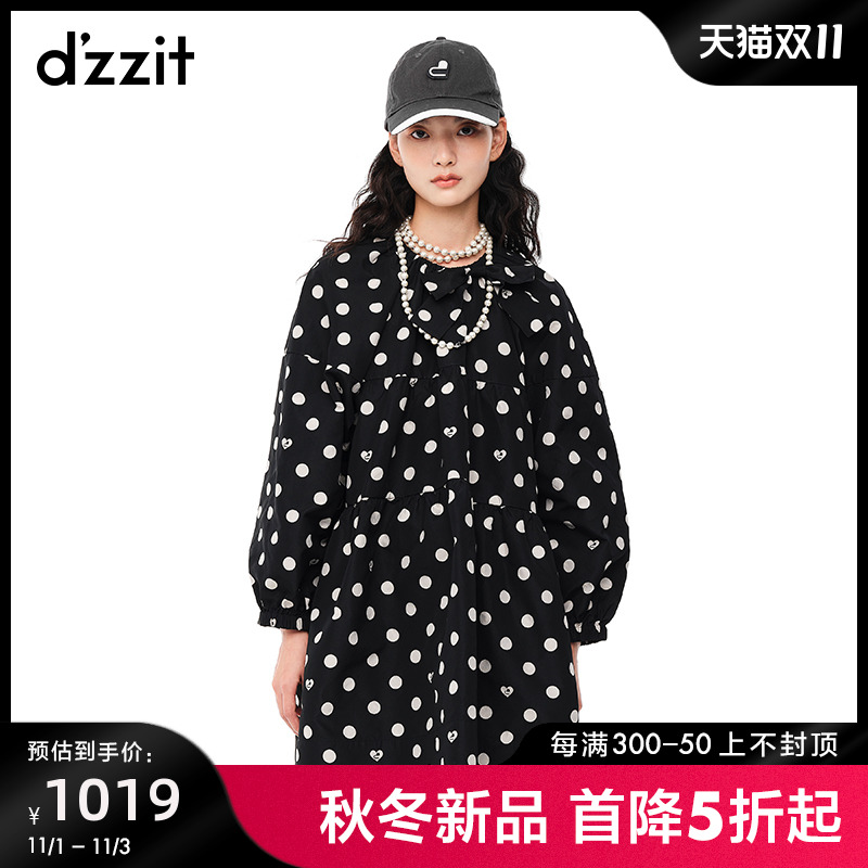 dzzit地素2022冬季专柜新款法式浪漫波点提花设计泡泡袖连衣裙女