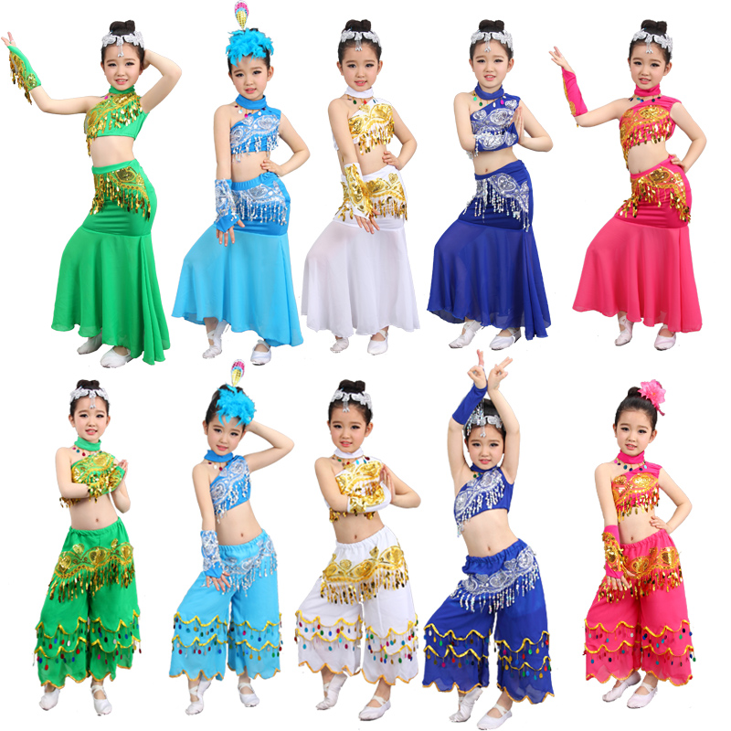 新款儿童傣族舞蹈服女孩傣族演出服装幼儿女童傣族孔雀舞裙表演服