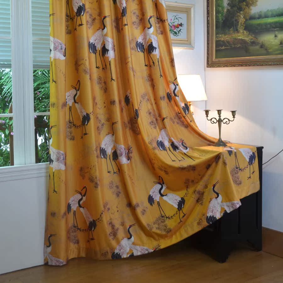 客厅卧室书房落地窗轻奢中式古典金黄色仙鹤松鹤延年绒布印花窗帘