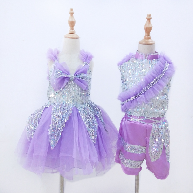 吉林演出服 2019新款淡紫色舞蹈裙儿童蓬蓬裙男现代舞分体亮片裙