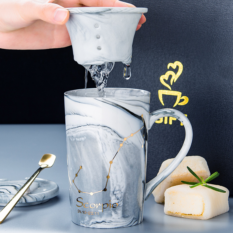 创意茶漏陶瓷杯子带过滤盖勺星座杯个性北欧风格马克杯咖啡杯水杯