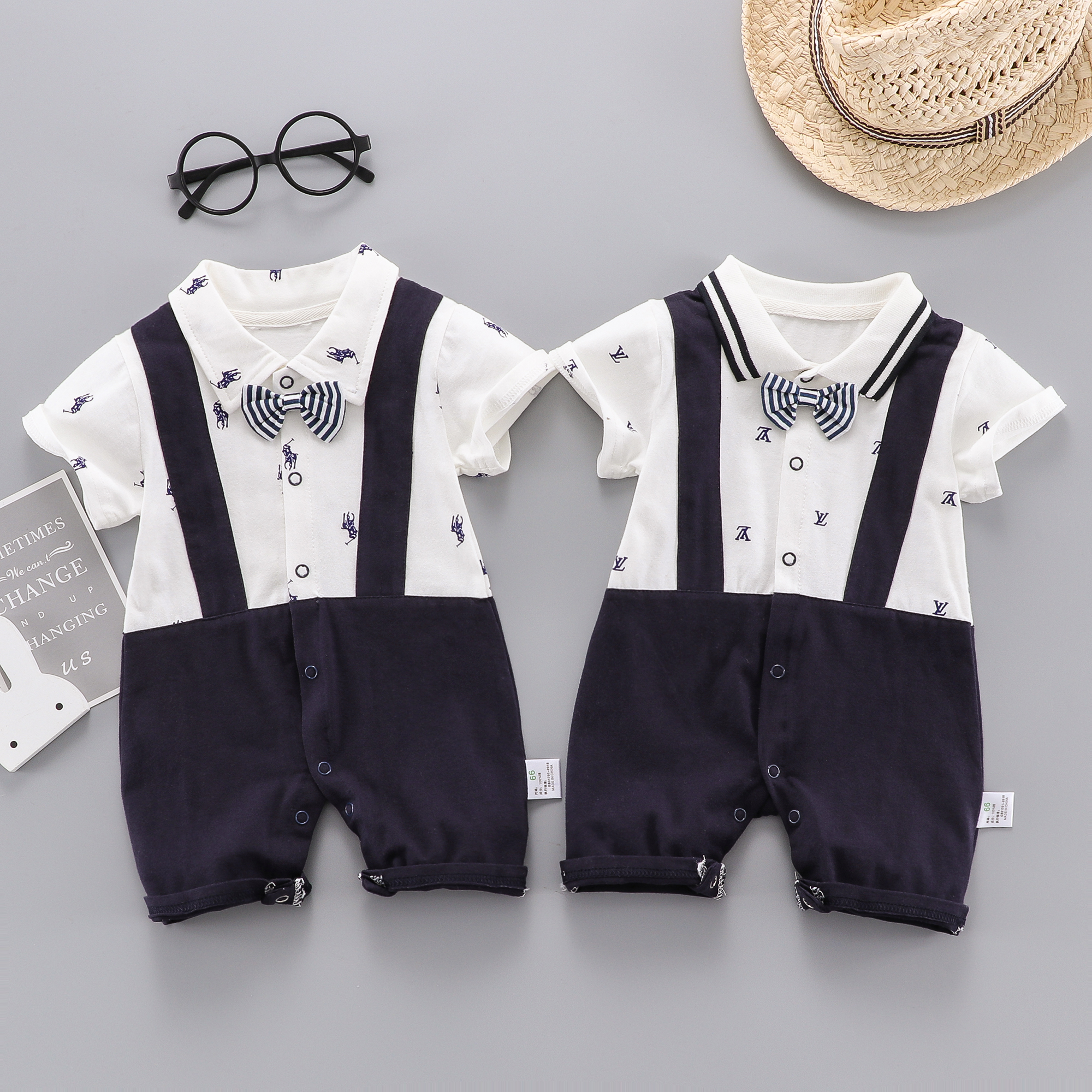 夏季婴幼童绅士背带连体衣男宝宝满月领结爬服衫短袖纯棉连身衣服