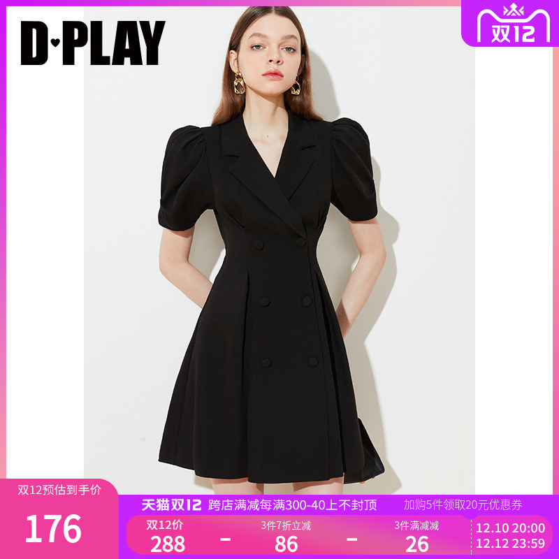 DPLAY2022年夏新款经典黑泡泡短袖双排扣高腰节收腰西装式连衣裙