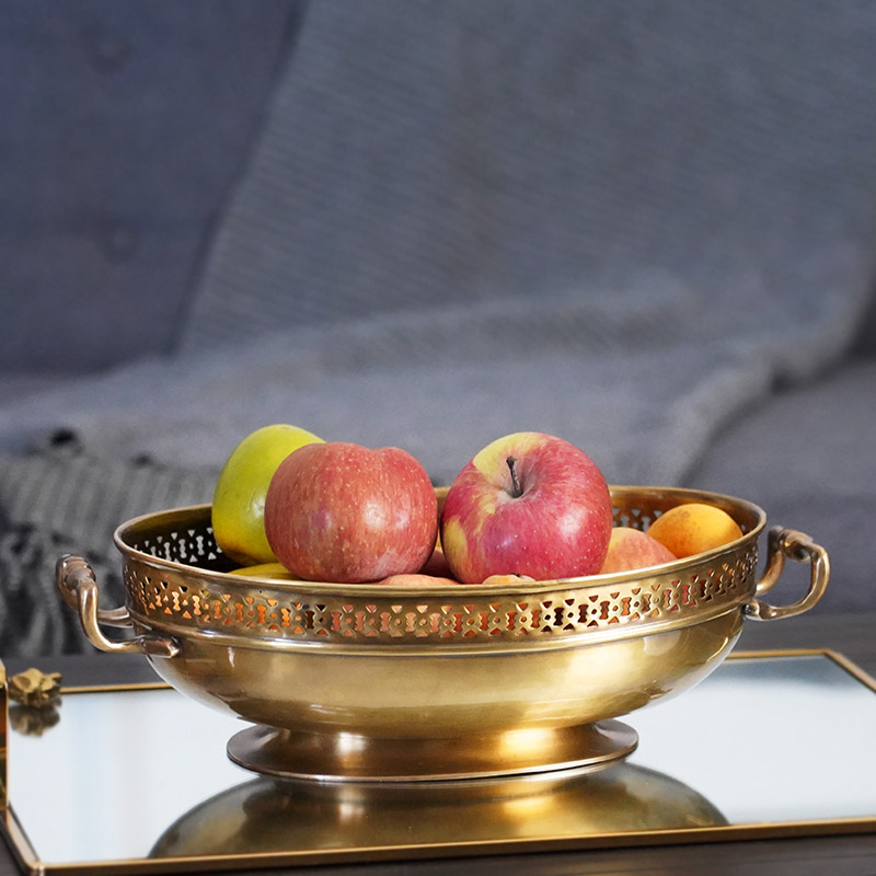 费灵家居印度进口黄铜椭圆形把手果盘果篓奢华欧式大果碗装饰收纳