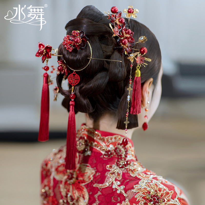 水舞U0920 新中式红色花朵古典秀禾造型头饰品新娘结婚喜庆红发簪