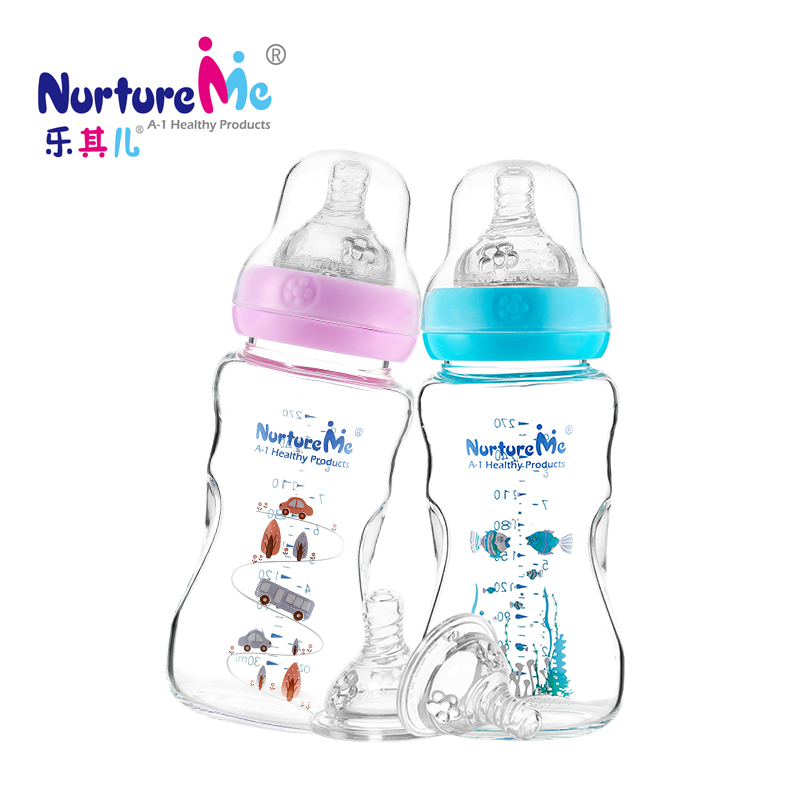 乐其儿新生儿宝宝卡通宽口径婴童玻璃奶瓶270ml 防漏胀气原装正品
