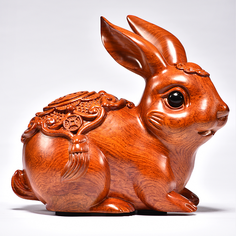 花梨木雕兔子木质红木实木动物摆件生肖福财古风红木装饰手作道具