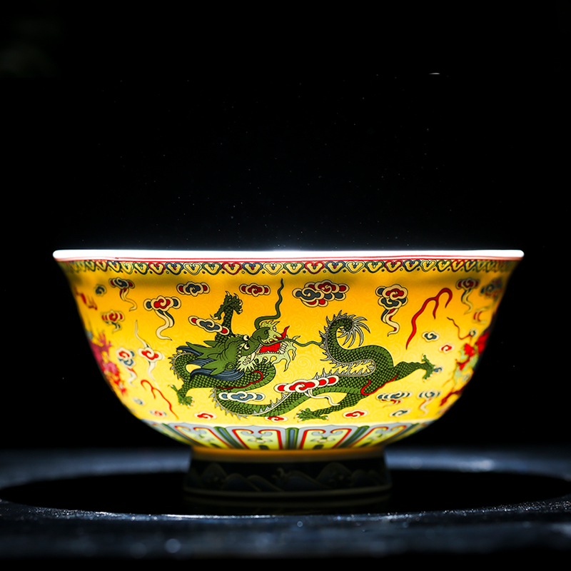 碗家用景德镇陶瓷碗骨瓷吃饭面碗单个装仿古龙纹寿碗6英寸高脚碗