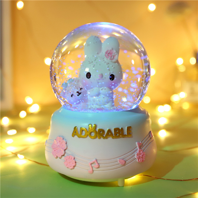 梦幻粉兔子音乐盒雪花水晶球摆件儿童女生孩子生日礼物圣诞节礼品
