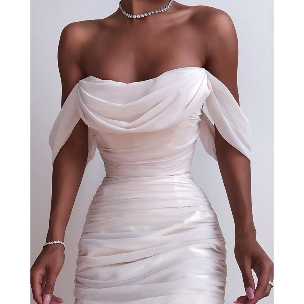 品质款婚礼酒会小白裙中长性感纯色网纱一字肩抹胸抽褶连衣裙子女