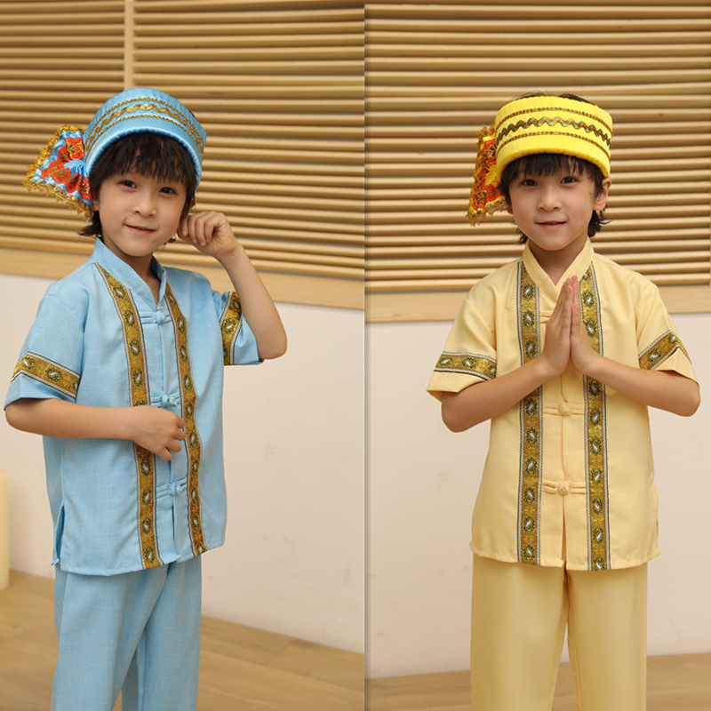 傣族男童三件套送头饰葫芦丝表演服壮族少数民族风服装童装