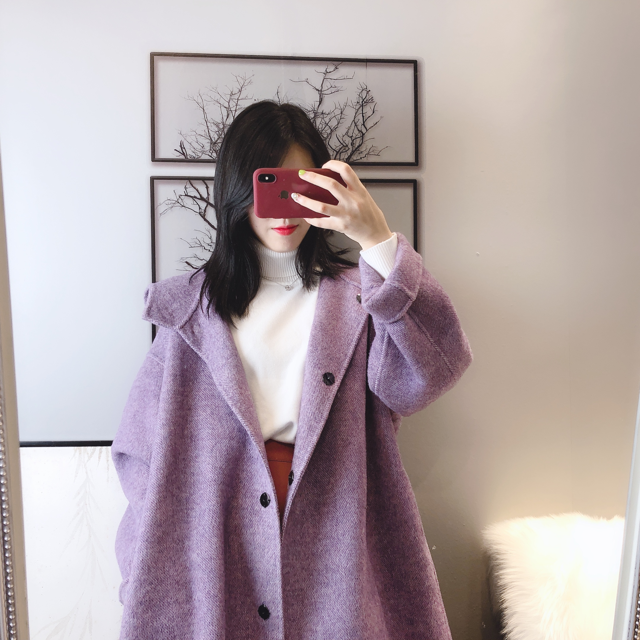 双面零羊绒大衣女中长款2020新款连帽韩版浴袍手缝系带紫色双面呢