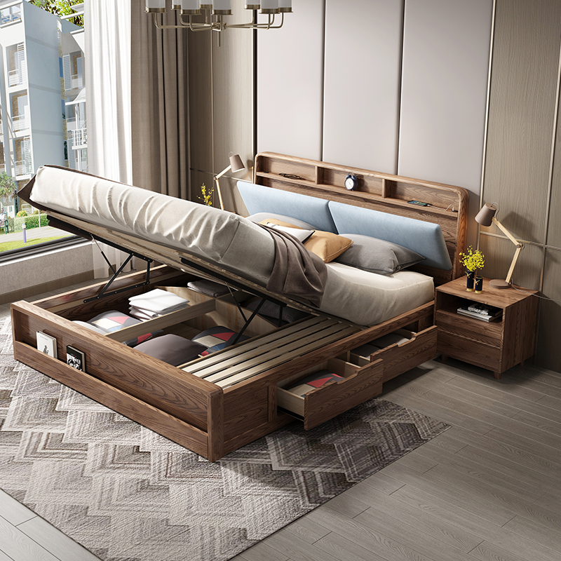 现代简约北欧实木高箱储物床日式原木气压1.8米双人床1.5主卧婚床