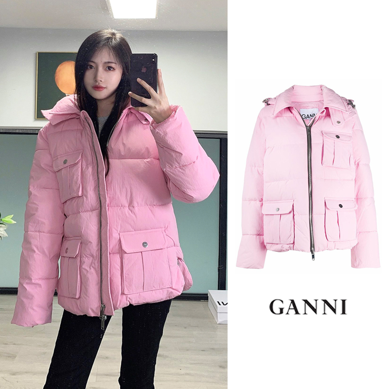3折 现货GANNI 2021新款冬季时尚百塔粉红色简约保暖 棉服外套女